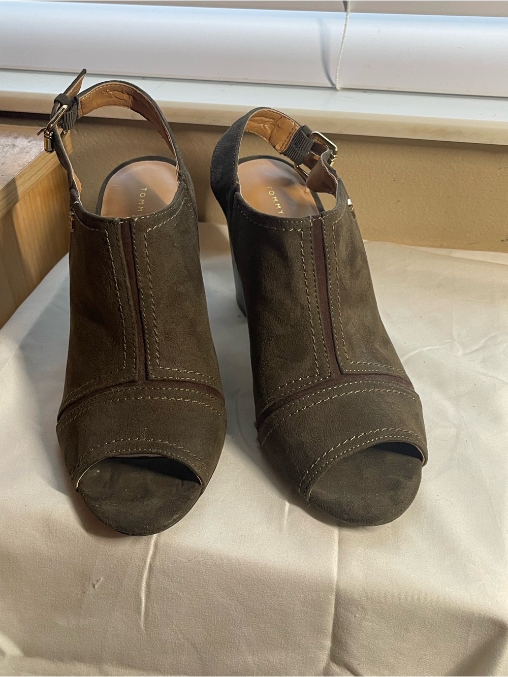 Tommy Hilfiger Olive Green/Brown Suede like Peep-Toe Slingback Heels